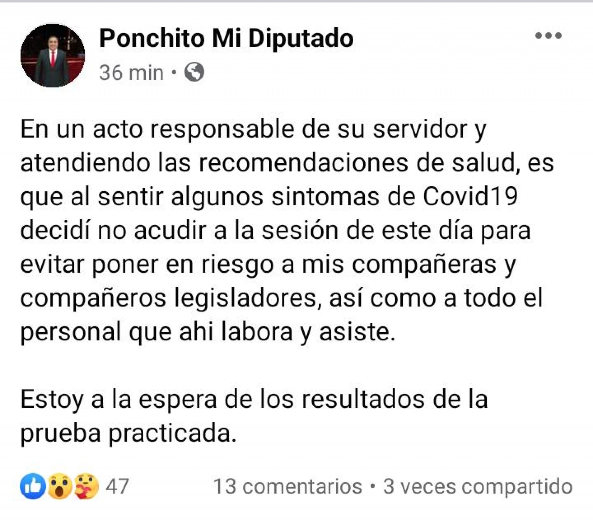 Informa diputado Alfonso Sotelo que se practicó prueba para detectar covid-19