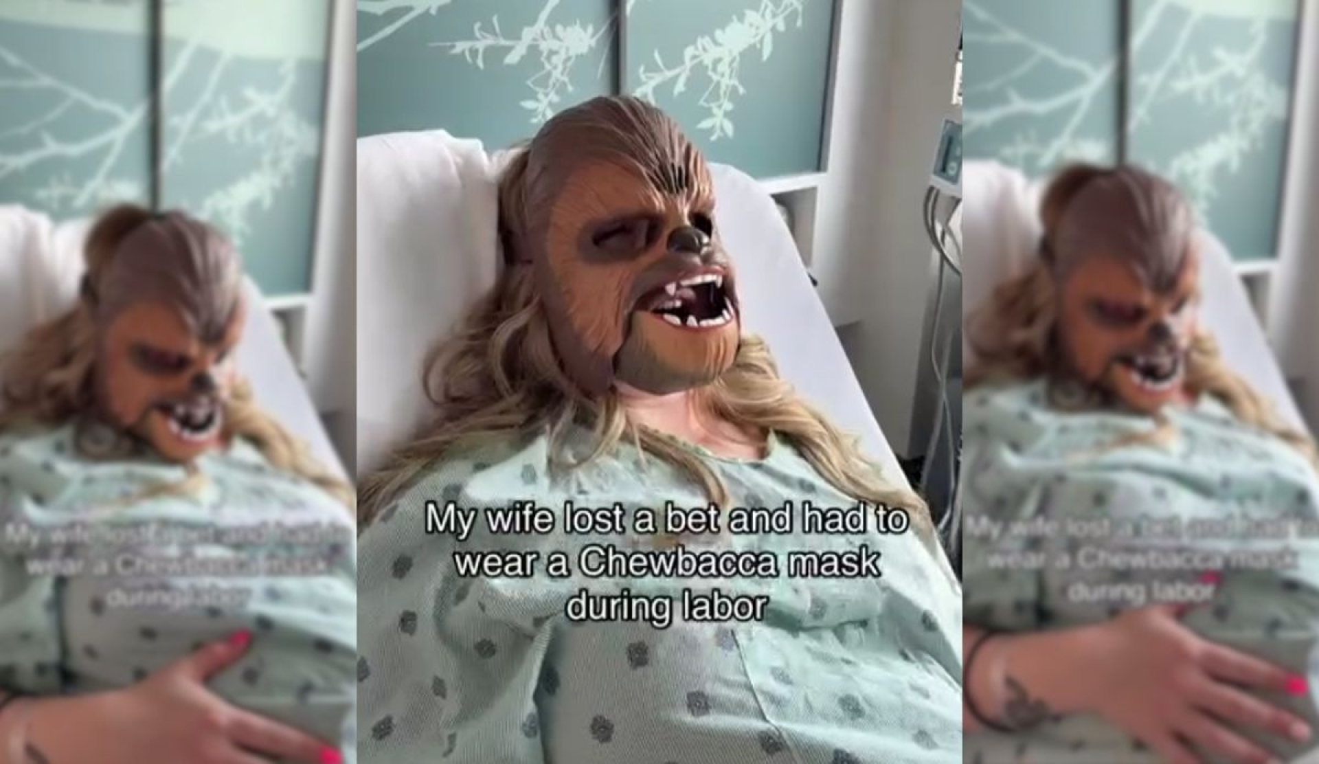 Mujer da a luz con máscara de Chewbacca tras perder una apuesta con su esposo