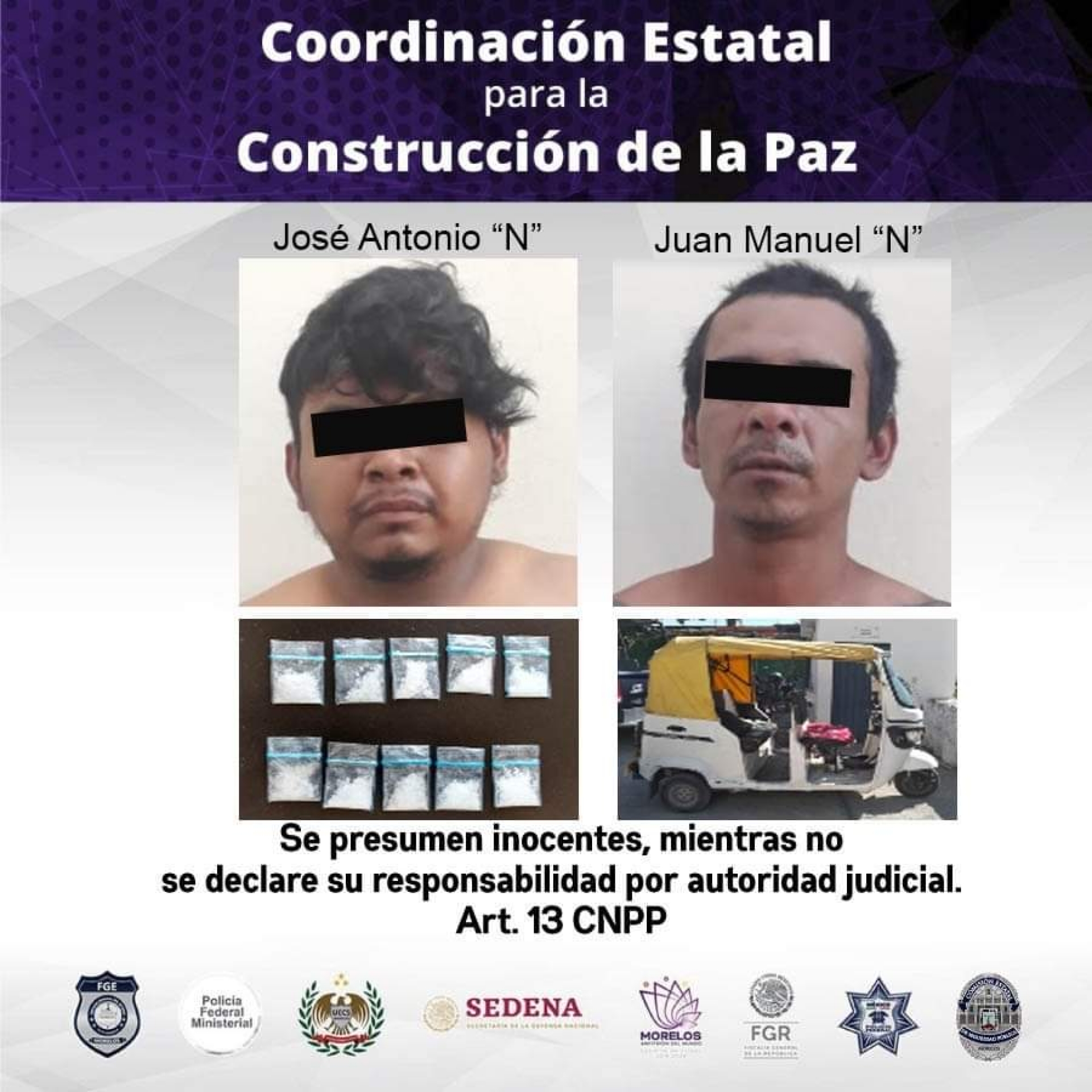 Detienen a dos hombres por presuntos delitos contra la salud, en Zacatepec