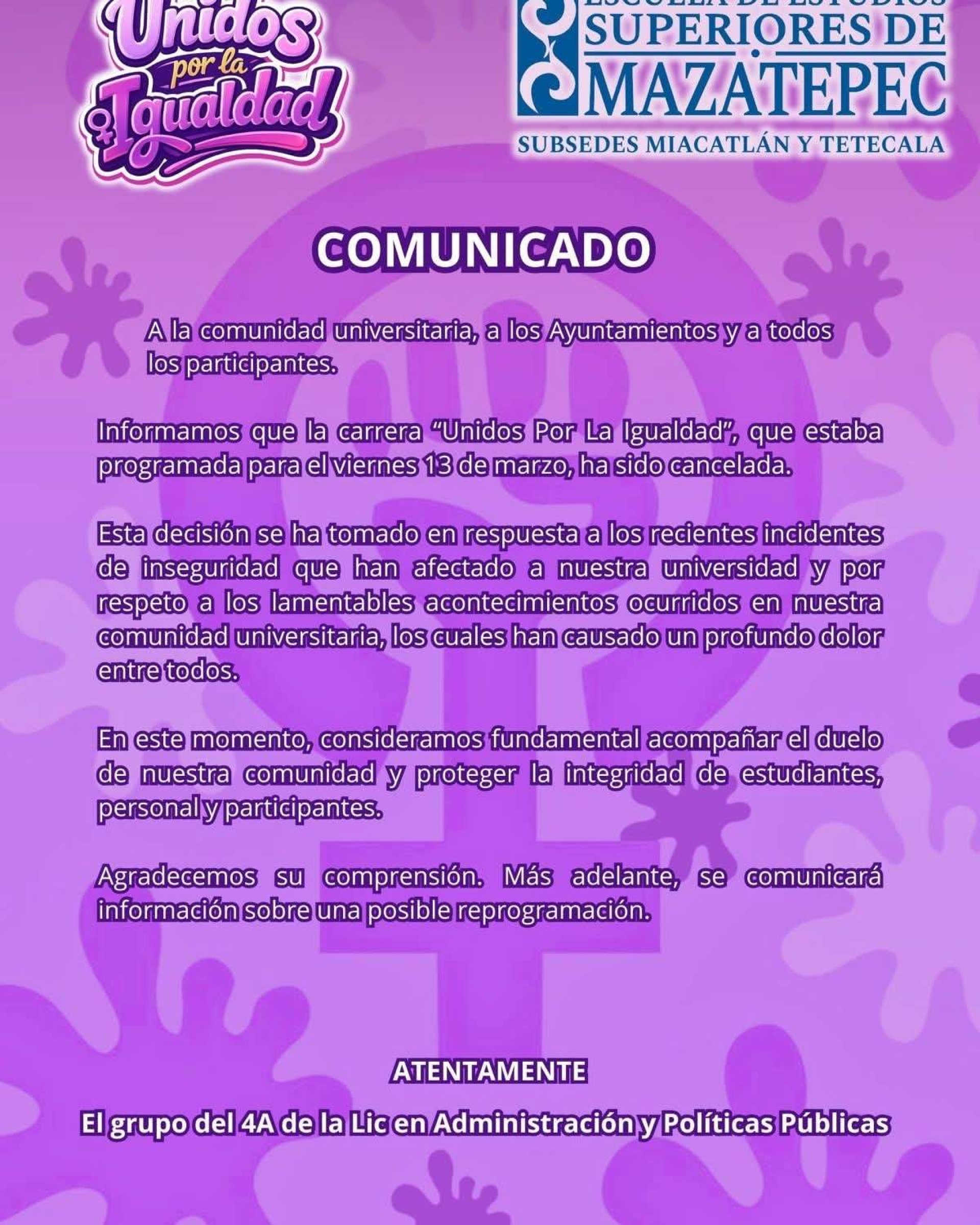 Cancelan carrera'Unidos por la Igualdad' en la EES Mazatepec