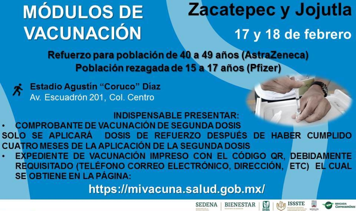 Cambia sede de vacunación de refuerzo anticovid para personas de 40 a 49 años y rezagados de 15 a 17 años de Jojutla y Zacatepec