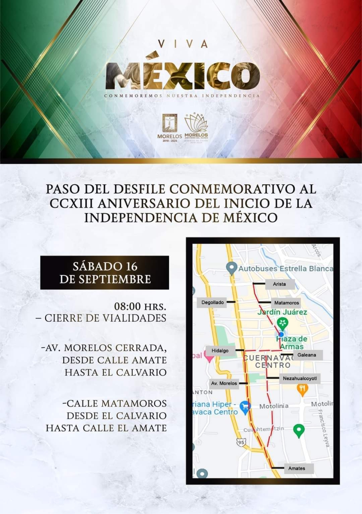 Cierre de vialidades para el paso del desfile conmemorativo este 16 de septiembre