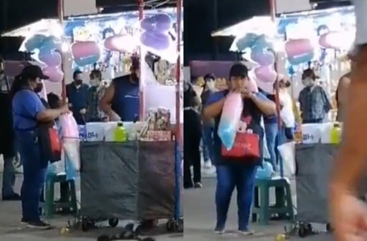 ¿Y el COVID? Vendedora de algodones infla bolsa con la boca