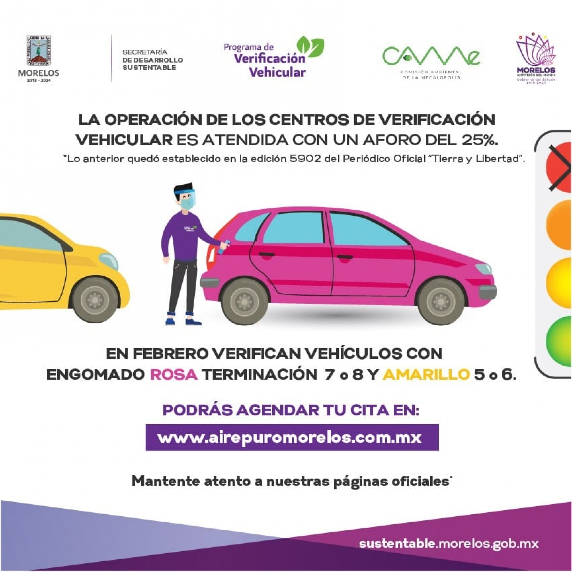 En febrero verifican vehículos con engomado amarillo y rosa