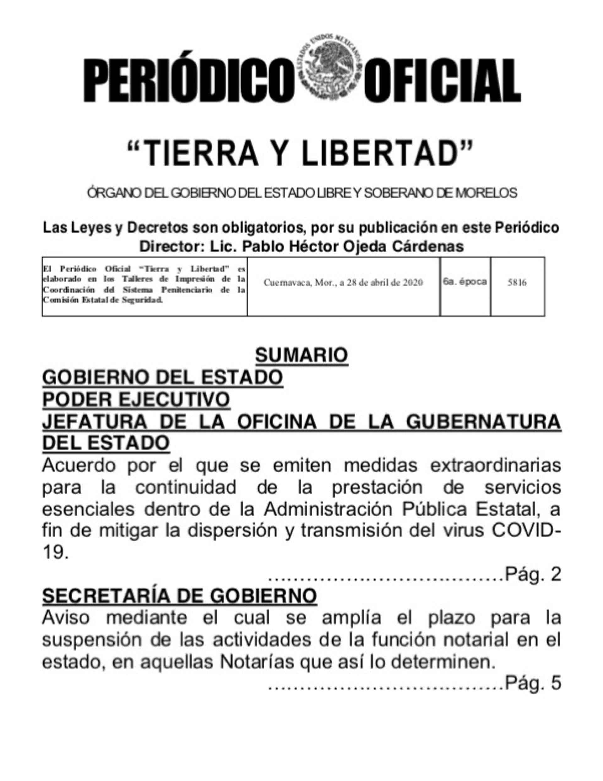 Publican acuerdo respecto a mantener suspensión de labores en áreas no indispensables