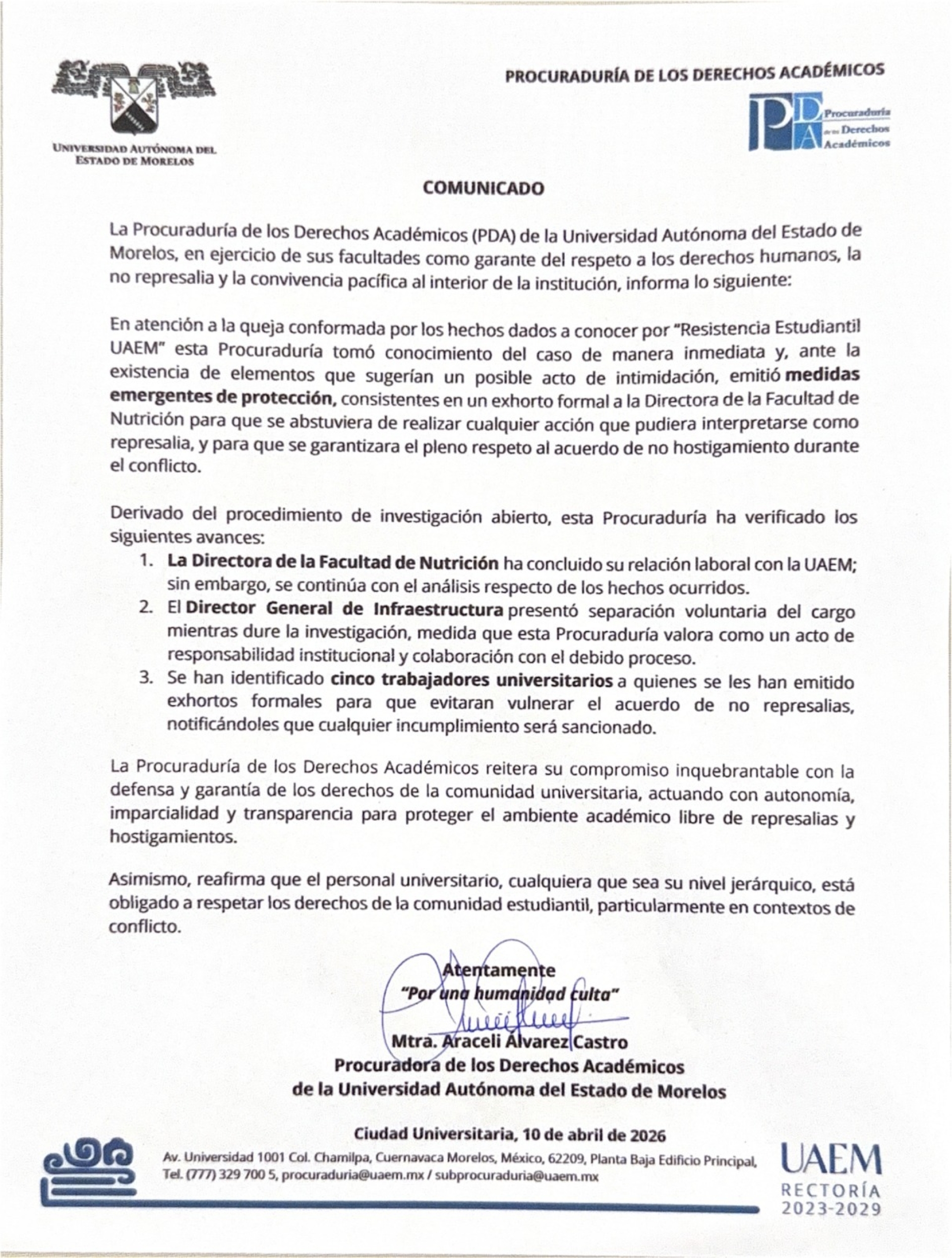 UAEM reporta primeras separaciones y medidas tras denuncia por intimidación en Facultad de Nutrición
