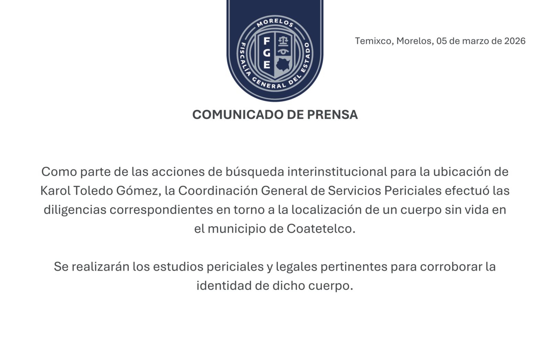 Efectúa FGE diligencias tras localizar cuerpo sin vida en Coatetelco, como parte de las acciones de búsqueda de Karol Toledo