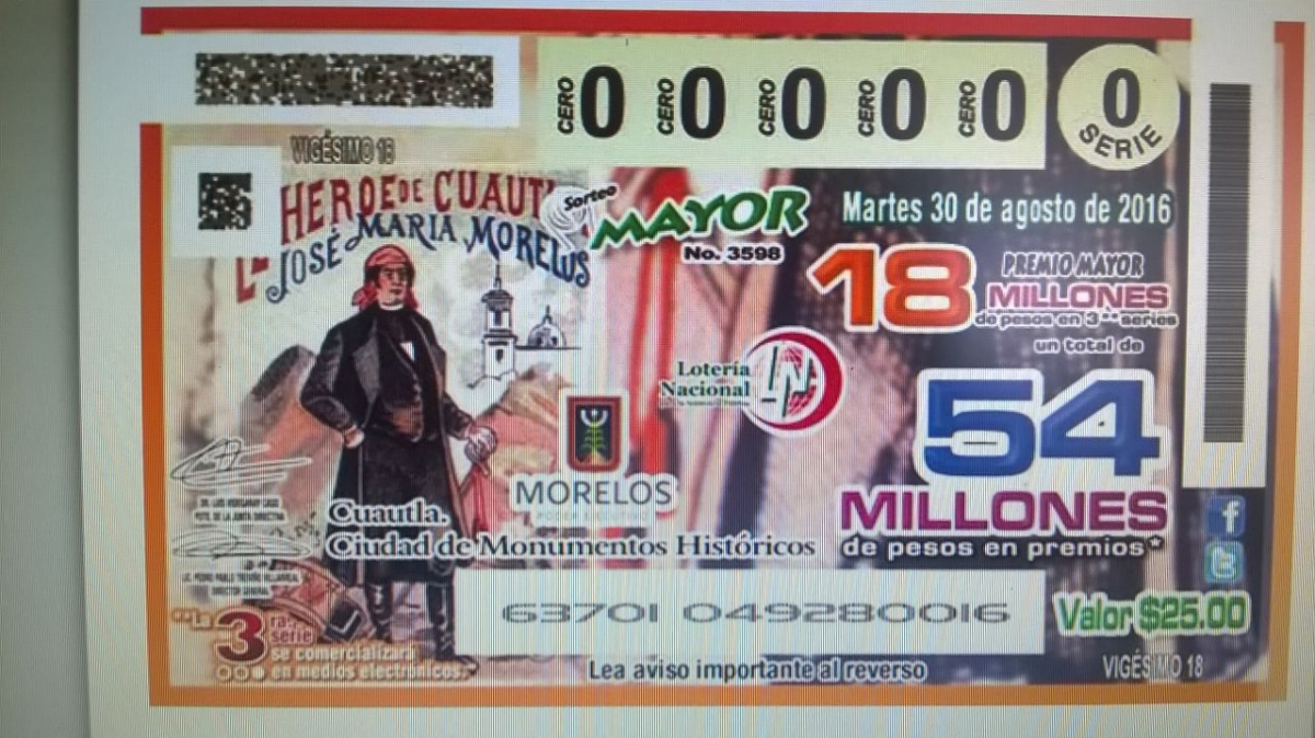 Por segunda ocasión la lotería nacional emitió un billete conmemorativo de Cuautla