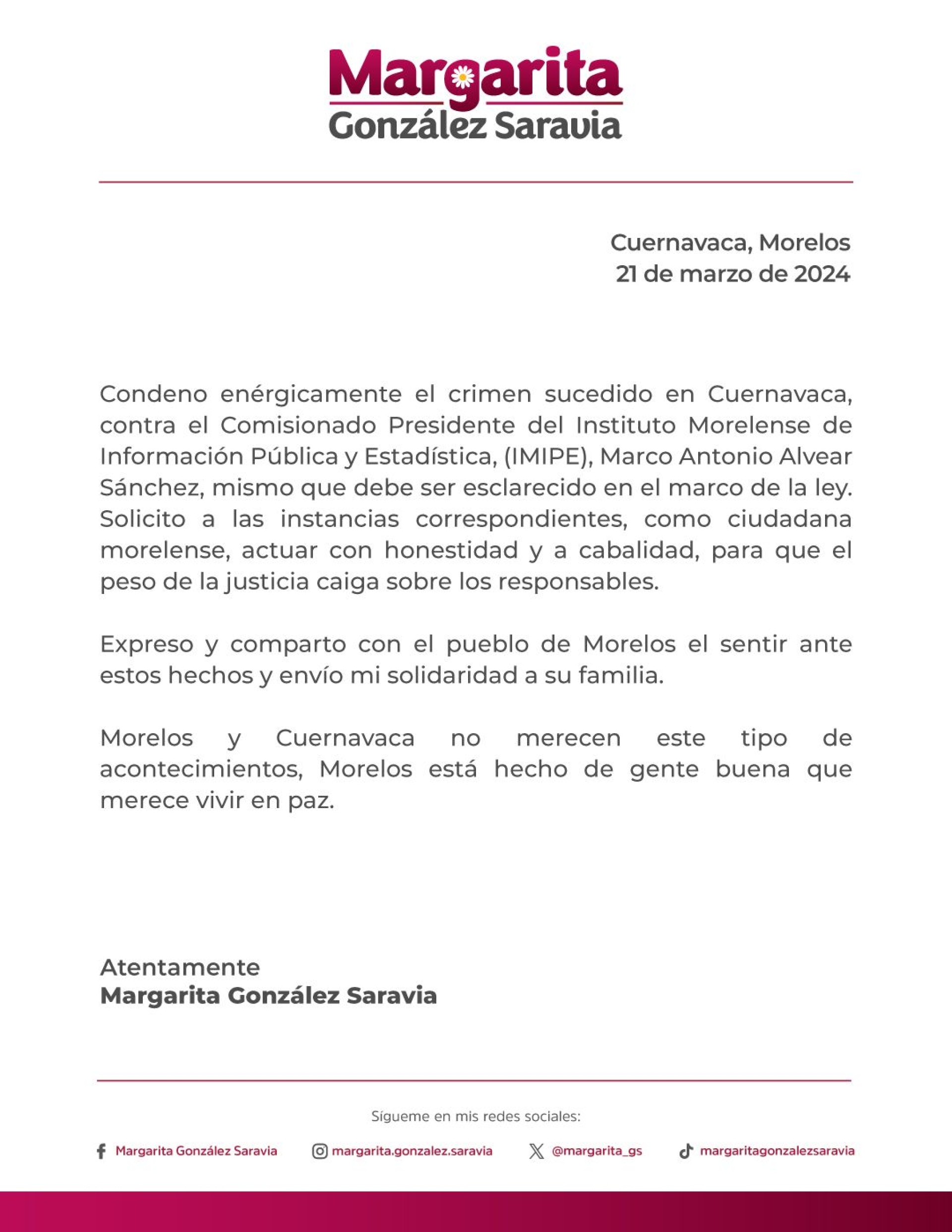 'Crimen contra el presidente del IMIPE debe ser esclarecido': Margarita González Saravia